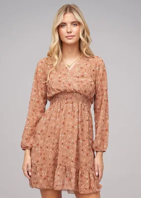CLOUD5IVE DAMES 2LAAGS CHIFFON JURK MET VHALS BLOEMENPRINT BEIGE